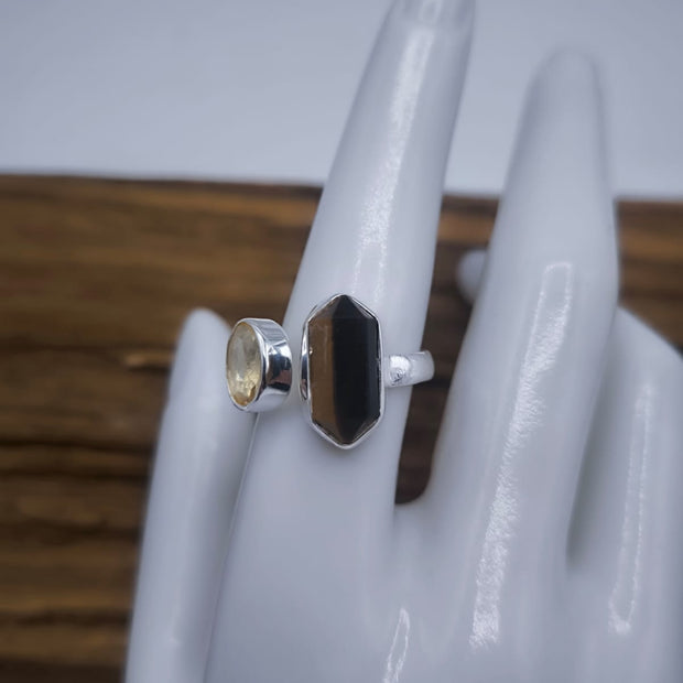Anello combo Quarzo fumè ed Occhio di tigre