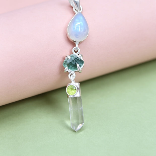 Ciondolo Combo Peridoto + Labradorite +  Moldavite + Quarzo Ialino